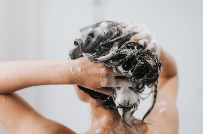 Woman,Washing,Hair,With,Shampoo,And,Shower,In,Bathroom,,Asian
