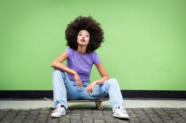 Full,Body,Of,Young,African,Female,In,Afro,Hairstyle,And